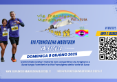 locandina della via francigena marathon con logo della manifestazione e  qrcode per l'iscrizione all'evento dell'8 giugno 2025