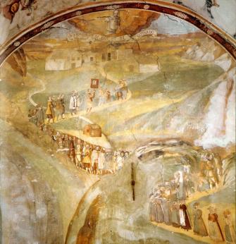 Raffigurazione nell'Oratorio di Altillone del pellegrinaggio attraverso il Passo del Gries